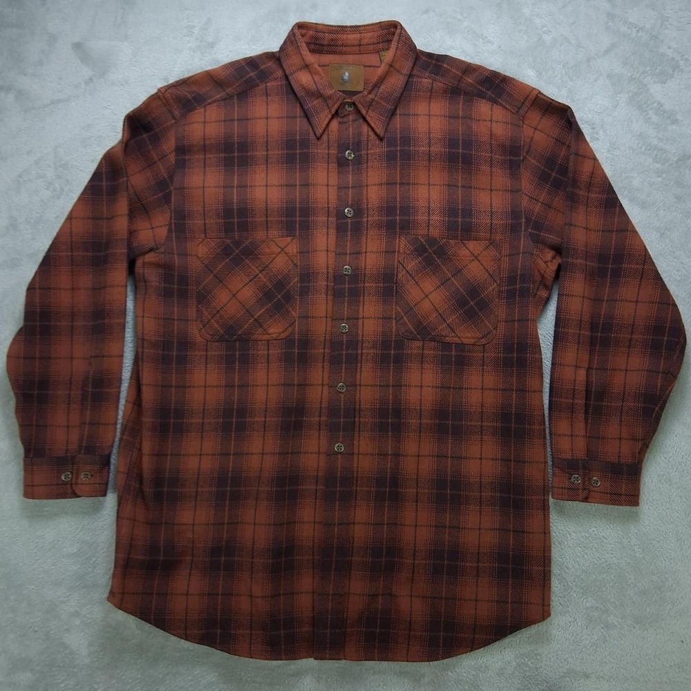 St. Johns Bay Mens XL Tall Flannel Shirt Orange Brown Plaid Long Sleeve Button